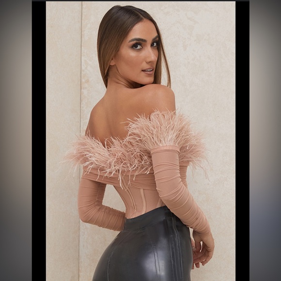 House of CB Faith Blush Feather Corset Bodysuit Off Shoulder Mesh Top size XS - Picture 3 of 15
